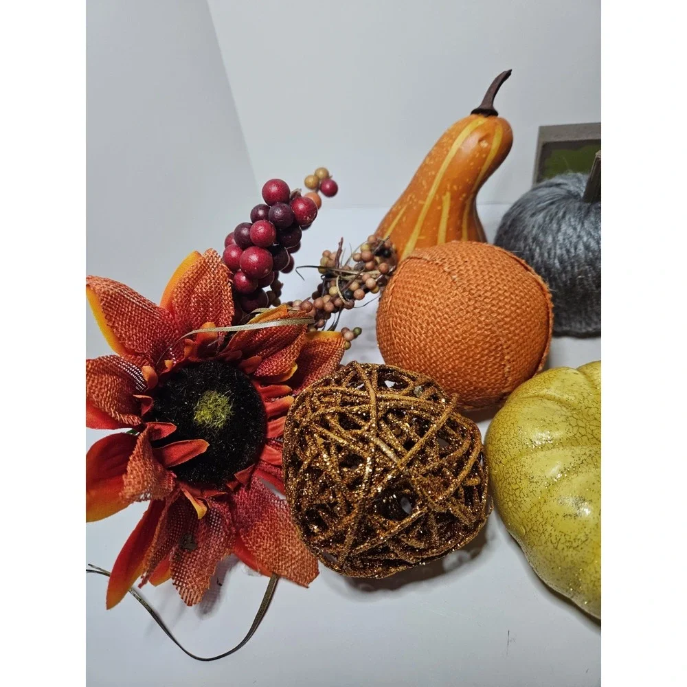 Huge Fall Decor Lot Faux Pumpkins Sunflower Fruit Grateful Sign Gourd Pinecone